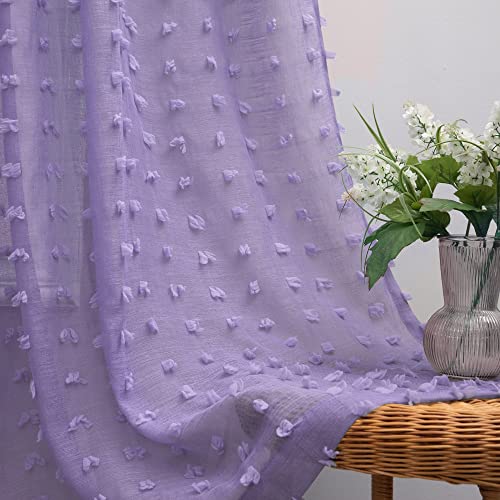 Purple Sheer Curtains 84 Inch Length for Girls Bedroom Nursery Kids Baby Dorm Room Rod Pocket 2 Panels Set Light Lilac Lavender Boho Pom Pom Tufted Texture Semi Sheer Pastel Curtains for Living Room