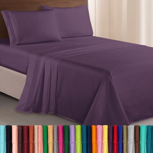 Elegant Comfort Luxurious 1500 Premium Hotel Quality Microfiber Three Line Embroidered Softest 4-Piece Bed Sheet Set, Wrinkle and Fade Resistant, Full, Eggplant-Purple