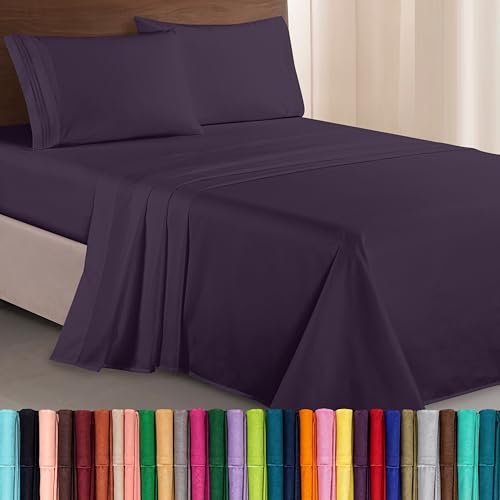 Elegant Comfort Luxurious 1500 Premium Hotel Quality Microfiber Three Line Embroidered Softest 4-Piece Bed Sheet Set, Wrinkle and Fade Resistant, Full, Eggplant-Purple