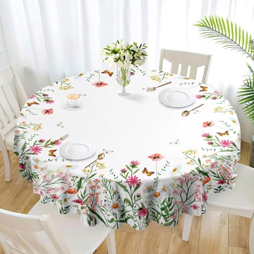 Round Tablecloth 60In Table Cloth Waterproof Stain-Resistant Table Cover - Polyester Wipeable Tableclothes, Waterproof Stretch Washable Table Cover for Home Kitchen Dining Party Patio Decor