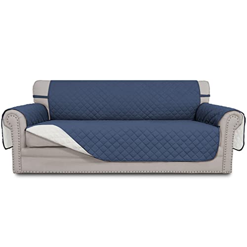 Easy-Going 4 Seater Sofa Slipcover Reversible Sofa Cover Water Resistant Couch Cover with Foam Sticks Elastic Straps Furniture Protector for Pets Children Dog Cat (XX-Large, Dark Blue/Ivory)