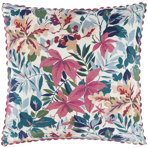 Sanderson Robins Wood Feather Filled Cushion – Botanical Oak Leaf Decorative Accent Pillow with Trim (Mulberry/Blue - 50x50cm)