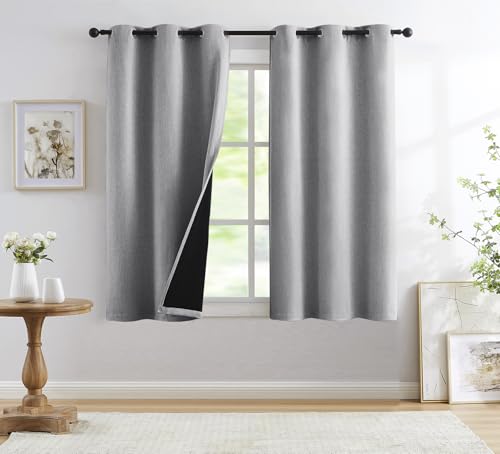 "Treatmentex Grey Full Blackout Window Curtain Panels 63 inches Long Burlap Linen Textured, Short Thermal Insulated Burlap Linen Bedroom Drapes Thermal Insulated Winter Curtains 40""x63""x2, Gray"