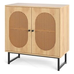 GiantexUK Kitchen Buffet Sideboard, Wooden Storage Cabinet with 2 PE Rattan Doors, Adjustable Shelves & Metal Legs, Display Cupboard for Dining Living Room Hallway (Natural)