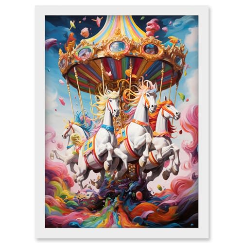 Artery8 Magical Carousel in Rainbow Clouds Bright Bold Vibrant Fantasy Kids Bedroom Baby Nursery Artwork Framed Wall Art Print A4
