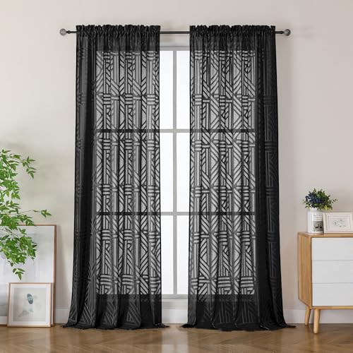 Simplebrand Semi Sheer Black Curtains 96 Inches Long 2 Panels, Light Filtering Geometric Jacquard Clip Textured Sheer Curtains for Living Roon???Modern Elegant Window Curtains Drapes???52x96 inch