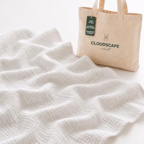 "CLOUDSCAPE 8 Layer Muslin Blanket for Adults - 100% Cotton Gauze Muslin Blanket Twin Size - 68"" x 92"" Fits Twin XL Bed - All Season Soft Bedding Lightweight Breathable Summer Blankets - White"