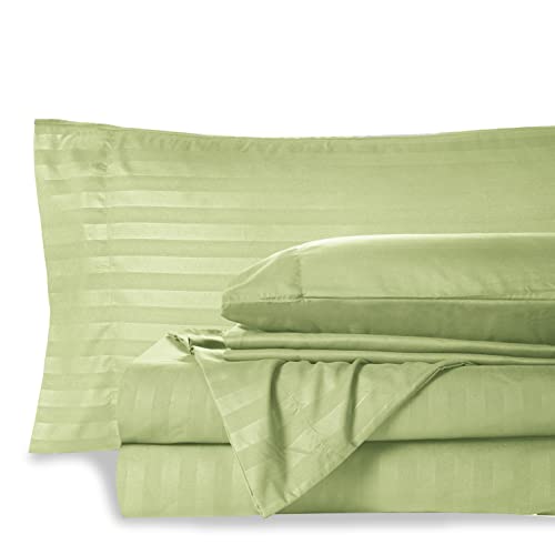 Mocassi Twin Stripe Sheet Set - Luxury Hotel 1800 Thread Count Bedding Sheets & Pillowcases - Ultra Soft Breathable & Cooling Bed Sheets - Wrinkle Resistant - 4 Piece Set - Twin, Sage Green