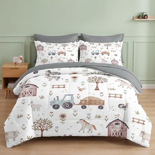 WeCozy 7 Pcs Queen Size Comforter Set with 2 Pillowcases & 2 Shams, Farm House Tractor Bedding Set for Kids and Adults, Village Tree Pig Horse Bed in a Bag with Flat Sheet and Fitted Sheet