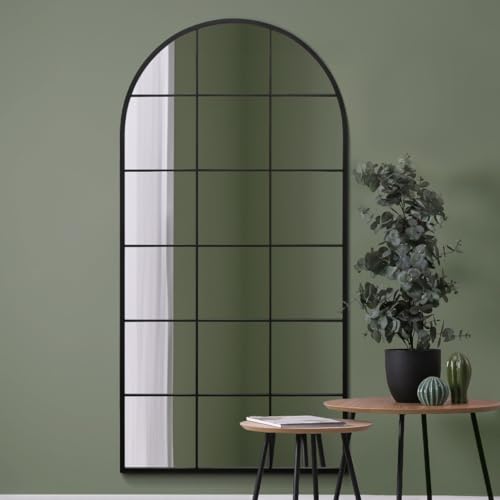 "MirrorOutlet The Fenarc - Black Metal Framed Modern Arched Wall Leaner WIndow Mirror 71"" X 35"" (180CM X 90CM) Black. 2cm Wide Frame and 3cm Deep. Perfect for Home and Garden"