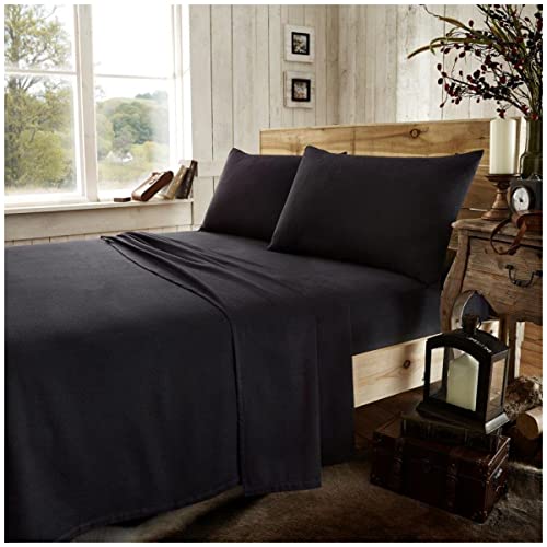 GC GAVENO CAVAILIA Luxury Flannel Plain Flat Sheet, 100% Brushed Cotton Easy Care Accessory, Premium Soft & Cosy Bed Linen, Black, Double Size Bedsheet
