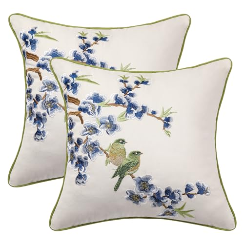 Holibeat Embroidered Flower Birds Throw Pillow Covers 18 * 18 inches Spring Decorative Peach Blossom Pillowcases (Pack of 2) (whiteblue)