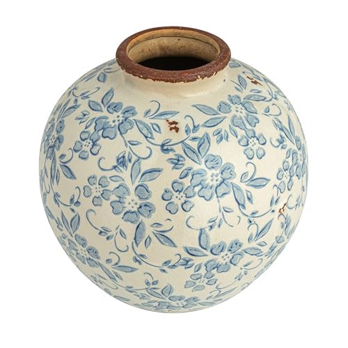 "Creative Co-Op DF2720 8"" H Terracotta Floral Transferware Pattern & Crackle Finish Vase, Blue"