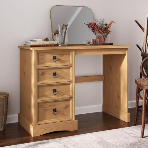 Mews Corona Dressing Table 4 Drawer Desk Computer Mexican Solid Pine Wood - Wax, Bedroom Office Work Storage, Mexican Style