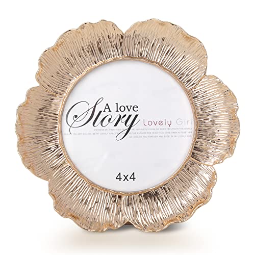 SWTHONY Round Floral Rose Gold Picture Frame, 4x4 Circular Flower Shaped Photo Frames with High Definition Glass Front for Wedding, Graduation