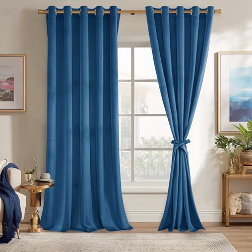 JIUZHEN Blue Velvet Blackout Curtains 84 inches - Super Soft Velvet Textured Room Darkening Grommet Window Drapes for Living Room/Bedroom/Sliding Door, 60W x 84L, Set of 2 Panels with Tiebacks