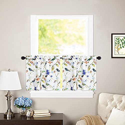 VOGOL Blue Birds Print Linen Texture Kitchen Curtains, 30 x 24, 2 Panels - Retro Country Style Cafe Curtain, Easy to Hang Rod Pocket Design, Short Drapes for Living Room, Medium Heavy Weight