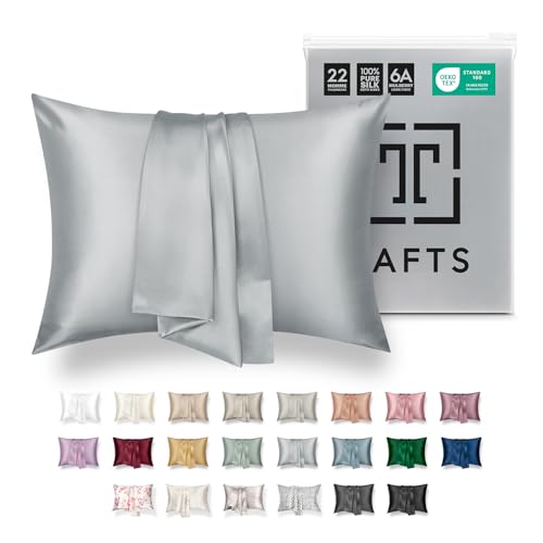 "TAFTS 22mm 100% Pure Mulberry 6A Silk Pillowcase for Hair & Skin with Envelope Closure, No Zipper, Cooling, Natural, Organic, Double Sided Pillow Case (Silver, King 20""x36"", 22 Momme 1pc)"