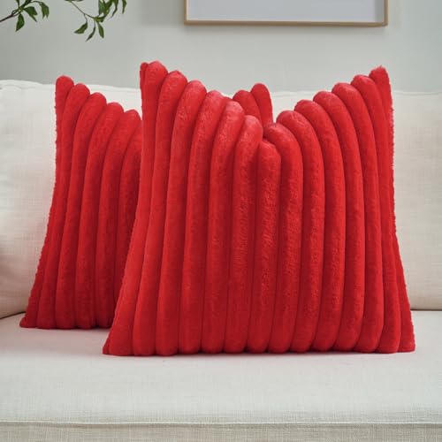 FUTEI Pack of 2 Fluffy Faux Fur Throw Pillow Covers 16x16 Inch Elegant Striped Textured Decorative Cushion Cases Modern Accent Pillow for Couch Bed Living Room, Red