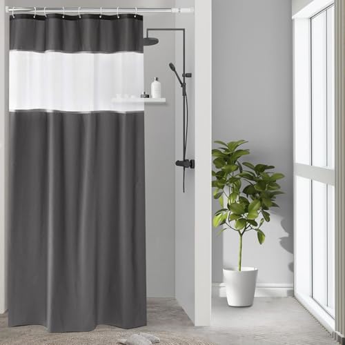 UFRIDAY Dark Gray Shower Curtain with White Mesh Window, Fabric Bathroom Shower Curtain with Weighted Bottom Hem, 48 x 72 inch, Waterproof