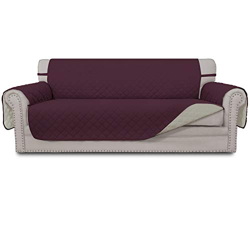 Easy-Going 4 Seater Sofa Slipcover Reversible Sofa Cover Water Resistant Couch Cover with Foam Sticks Elastic Straps Furniture Protector for Pets Kids Children Dog Cat (XX-Large, Wine/Beige)