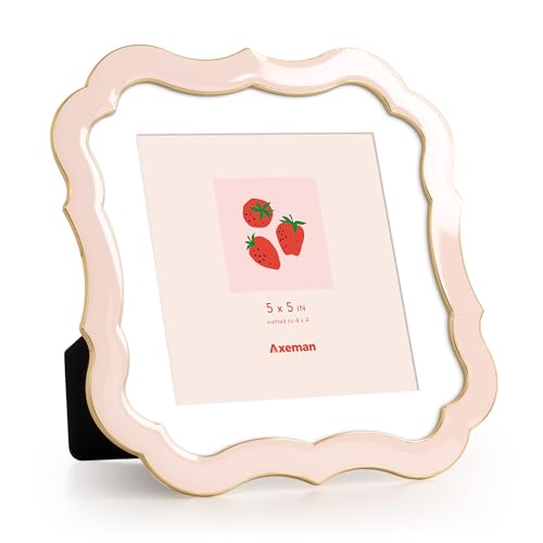 Axeman 5x5 Square Picture Frame with Mat for 4x4 Photo-Tempered Glass-5 x 5 Ornate Enamel Photo Frame with Gold Metal Edge Velvet Back for Tabletop and Wall Mount Display for Shelf & Desk, Pink