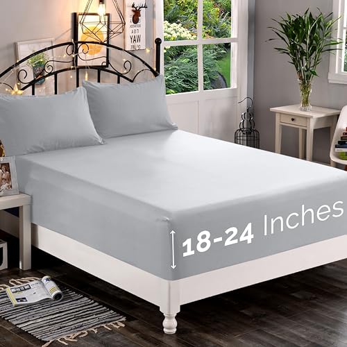 Elegant Comfort 1500 Premium Quality Fitted Sheet Ultra Soft 18-24 Inch Extra Deep Pocket - Single Fitted Sheet for High Mattress - Wrinkle Free with Smart Storage Pockets, King, Silver