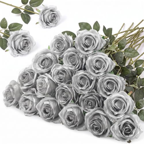 Hotop 20 Pcs Artificial Rose Flowers with Long Stem,Real Touch Silk Realistic Plastic Bouquet Roses Bulk for Home Decor Bridal Wedding Party Table Centerpieces Decorations (Silver)