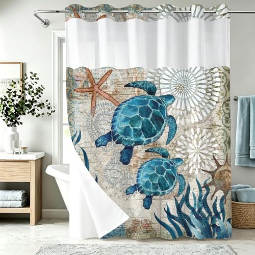 Final Friday Green and Teal Sea Turtles Theme No Hook Waffle Weave Shower Curtain with Snap in Liner Nautical Beach Bathroom Blue Ocean Decor Set 72 W x 81 H Inch Teal