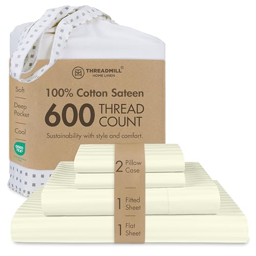 "Threadmill 600TC Cotton King Sheet Set, Sateen, Damask Stripe, Cream - 100% Cotton, Sateen Weave, Damask Stripe Pattern, 4-Piece Set, 16"" Deep Pocket, Cooling, OEKO-TEX Certified, Machine Washable"