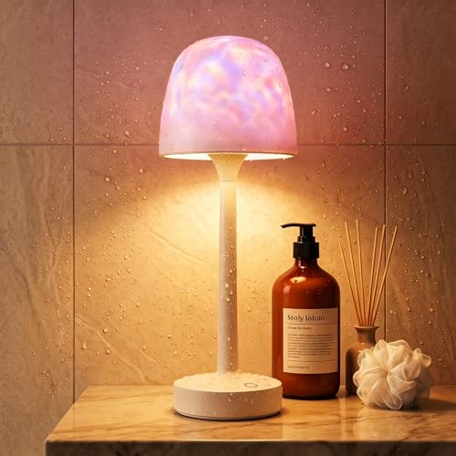 UPXNBOR Rechargeable Shower Lamp, Cordless Bathroom Table Lamp with 16 Colours & 2 Light Effects via Replaceable Shade, Ocean Wave Projector, Bathroom Light, Touch & Remote, IP54, 5300 mAh Battery