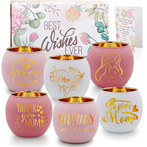 SHMILMH Pink Mom Birthday Gifts from Daughter Son, Unique Gift for Mom Votive Candle Holders 6pcs, Glass Tealight Candle Holder for Mothers Birthday Party Table Decoration