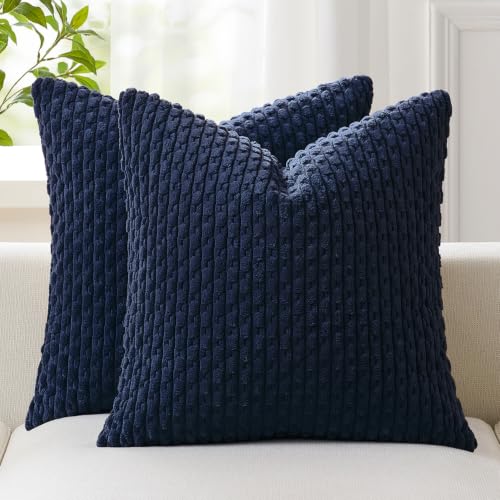 Kevin Textile Throw Pillow Cover Striped Corduroy Plush Texture Velvet Euro Cushion Cover for Bed 24 x 24 inch (60cm) Set of 2 Navy Blue