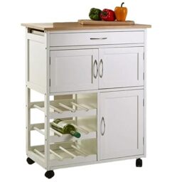 Premier Housewares White Kitchen Island Freestanding with Bamboo Top - Kitchen Storage Trolley on Wheels - Movable Kitchen Storage Cabinet