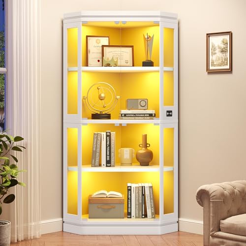 Jocoevol Corner Display Cabinet with Glass Doors, 170cm Tall Curio Cabinet, 4-Tier Glass Display Cabinets with RGB Lights & APP, Sensor, Display Case for Living Room, White