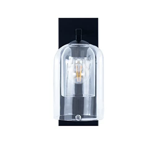 Teamson Home Dimmable Wall Light with Touch Sensor, Wall Sconce with Clear Bell Glass Shade, Lighting Fixture for Living Room or Bedroom in Black