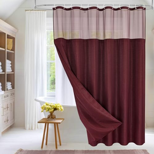 MitoVilla Burgundy Long Shower Curtain 72 x 78, 78 inches Long Cloth Mesh Top Window Shower Curtains for Hotel Spa Bathroom Decor, Fabric Shower Curtain Set with Snap-in Liner
