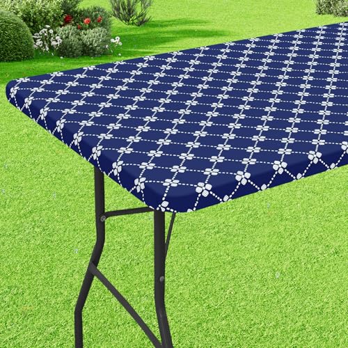 "misaya Rectangle Vinyl Table Cloth, Elastic Fitted Tablecloth with Flannel Backing, Waterproof Plastic Table Cover Fits 8 Foot Folding Tables for Camping, Indoor and Outdoor (Navy, 30"" x 96"")"