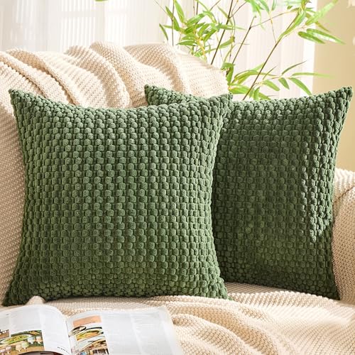 GAWAMAY Decorative Corduroy Throw Pillow Covers 20x20 Dark Green 2 Pack - Soft Farmhouse Cushion Covers Neutral Pillow Cases for Living Room Couch, Sofa, Bedroom, Only Covers No Inserts
