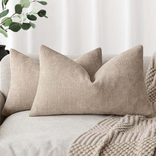 Foindtower Set of 2 Textured Chenille Throw Decorative Pillow Covers Square Accent Solid Cushion Cover Neutral Farmhouse Lumbar Pillow Case for Couch Sofa Bedroom Living Room 12x24 Inch,Cream Camel