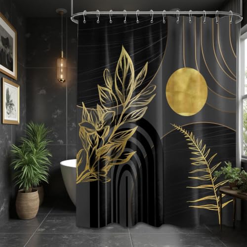 "QGHOT Black and Gold Shower Curtain Boho Mid Century Black and Dark Grey and Gold Shower Curtains for Bathroom Decor, Waterproof Cloth Fabric with Hooks, 70"" W x 84"" L"