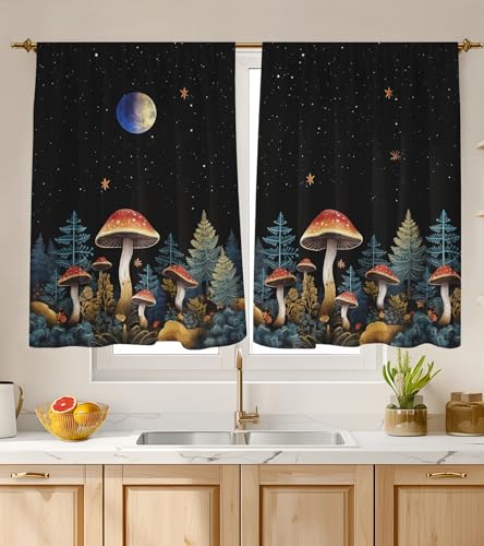 "Stanoha Kitchen Curtains (2 Pcs) Over Sink Cafe Basement Cortinas para Cocina Farmhouse Short Mini Curtain for Bathroom Window Spring Summer Elegant Country Rustic Modern Cute, 26??36"", Mushroom"
