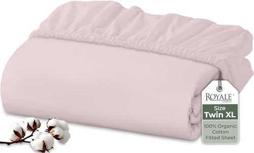 "Royale Linens 100% Organic Cotton Fitted Sheet - Percale Weave - Super Soft Deep Pocket Bottom Sheets - Elastic Sheet Twin XL Size - Twin XL Fitted Sheets Only - (39""x80""+15"", Lavender)"
