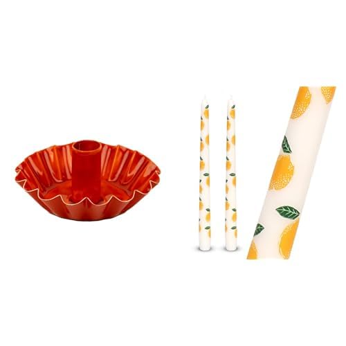Orange Scalloped Metal Candle Holder & Lemon Tapered Dinner Candles Bundle