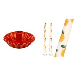 Orange Scalloped Metal Candle Holder & Lemon Tapered Dinner Candles Bundle
