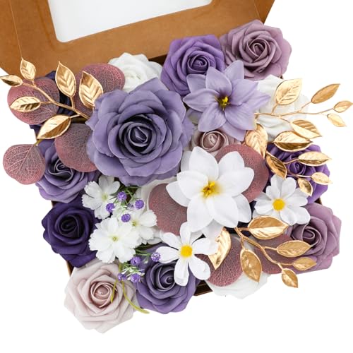 Floweroyal Artificial Flowers Combo Purple Flowers Mix Silk Flowers Fake Roses with Stems for DIY Wedding Bridal Bouquets, Baby Shower, Floral Arrangement, Table Centerpieces, Home Decorations