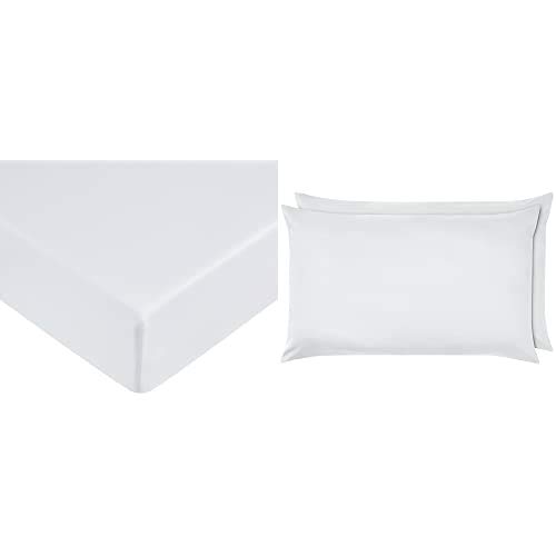 Amazon Basics Microfibre Fitted Sheet, King, Bright White & Microfibre Pillowcases, Bright White – Set of Two