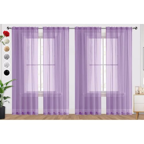 SpaceDresser Lavender Sheer Curtains 4 Panels Rod Pocket Semi-Sheer Curtain 63 Inches Long Light Filtering Voile Window Drapes for Bedroom Living Room Kitchen, Each 52W x 63L