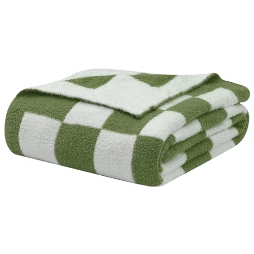 bearberry Fuzzy Checkerboard Grid Throw Blanket Knitted Soft Cozy Warm Microfiber Blanket Decor for Couch Sofa Bed Travel Home (Avocado Green, 50''x60'')