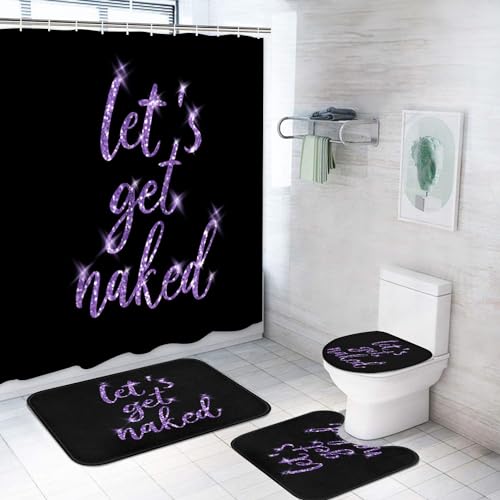 ArtSocket 4PC Purple Let's Get Naked Shower Curtain Sets Gold and Black Bathroom Decor with Rugs, Non-Slip Rug,Toilet Lid Cover, Bath Mat and 12 Hooks 72x72inch